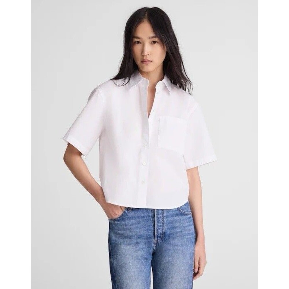 Madewell Top XL Straight Hem Short Sleeve Shirt in Poplin Button White NZ454